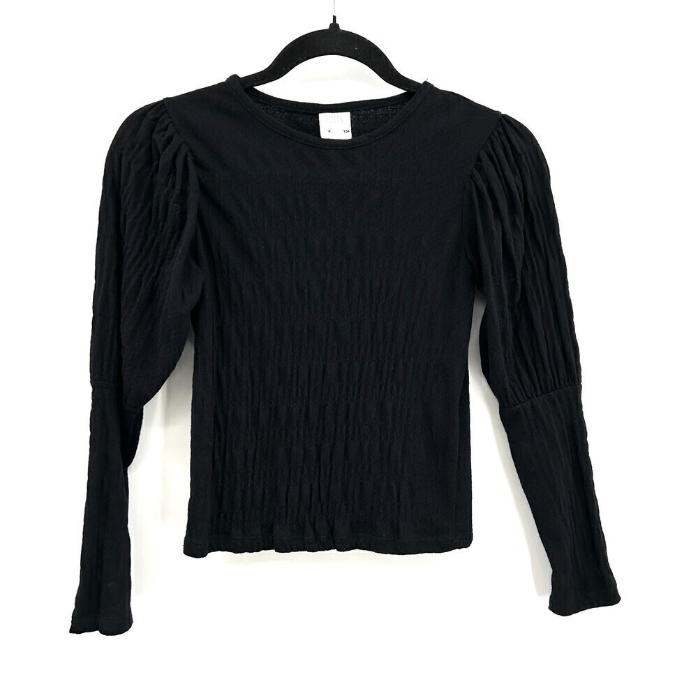 NWOT ZARA Kids Girls Black Puff Sleeve Ruched Stretch Long Sleeve Shirt Size 9